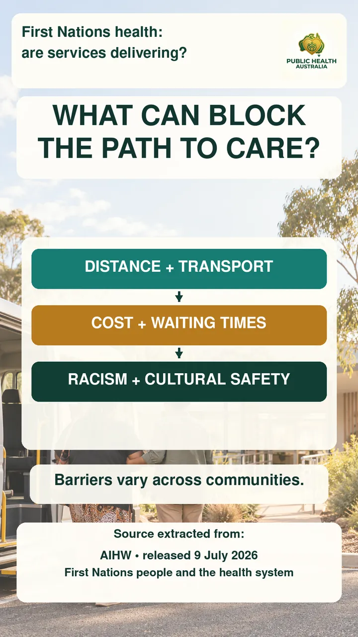 Slide titled What can block the path to care: distance and transport, cost and waiting times, racism and cultural safety. Barriers vary across communities.