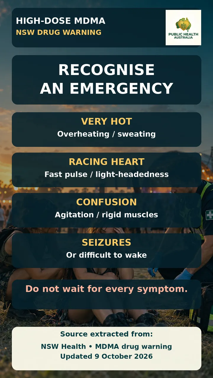 Slide titled Recognise an emergency: very hot, racing heart, confusion or rigid muscles, seizures or difficult to wake. Do not wait for every symptom.