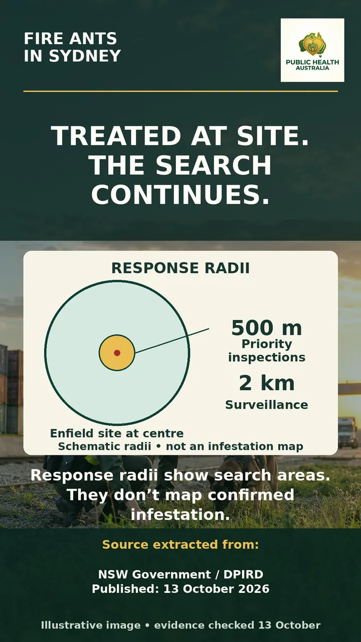 Schematic diagram of response radii around the Enfield site: 500 metres for priority inspections and 2 kilometres for surveillance. Not an infestation map.
