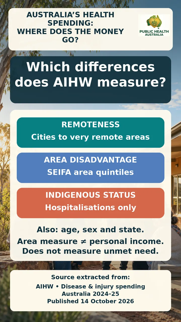 Slide listing differences AIHW measures: remoteness, area disadvantage (SEIFA quintiles) and Indigenous status for hospitalisations only. Area measures are not personal income and do not measure unmet need.