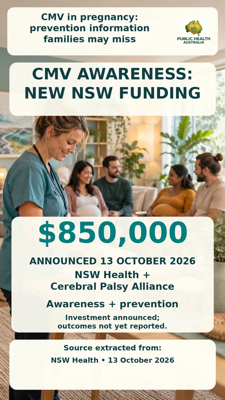 Slide showing $850,000 announced on 13 October 2026 by NSW Health with Cerebral Palsy Alliance for CMV awareness and prevention. Investment announced, outcomes not yet reported.