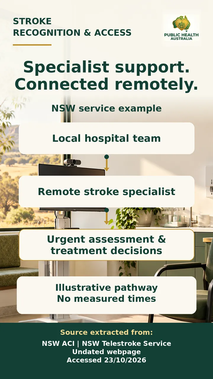 Slide showing an illustrative pathway: local hospital team, remote stroke specialist, urgent assessment and treatment decisions. Labelled NSW service example, no measured times.