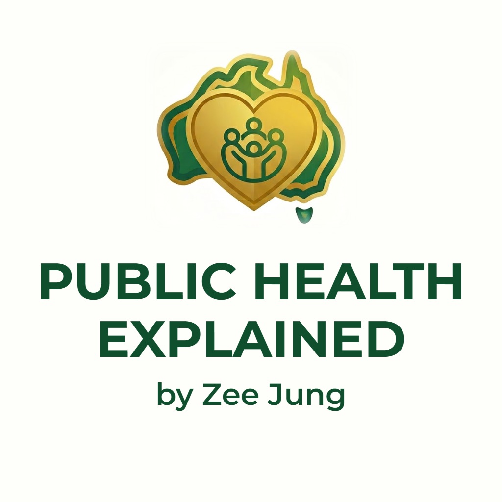 Public Health Explained by Zee Jung logo: a gold heart on a green map of Australia